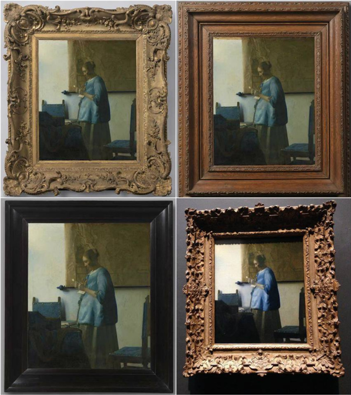 A frame does matter. Compare: gilding, oak, ebony.
Vermeer’s canvas Woman in Blue Reading a Letter, A frame does matter. Compare: gilding, oak, ebony.
Vermeer’s canvas Woman in Blue Reading a Letter,