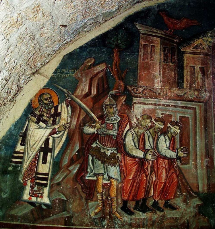 Фреска «Николай спасает трех невинно осужденных», капелла Св. Николая, Сербия, Сопочаны, XIII в. Фреска «Николай спасает трех невинно осужденных», капелла Св. Николая, Сербия, Сопочаны, XIII в.