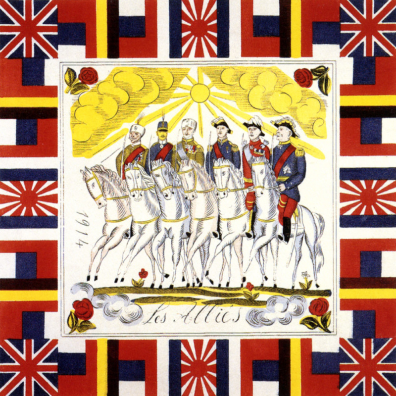 The Allies. Drawing by Raoul Dufy on a handkerchief produced by Bianchini Férier. 1915.
Source: wik The Allies. Drawing by Raoul Dufy on a handkerchief produced by Bianchini Férier. 1915.
Source: wik