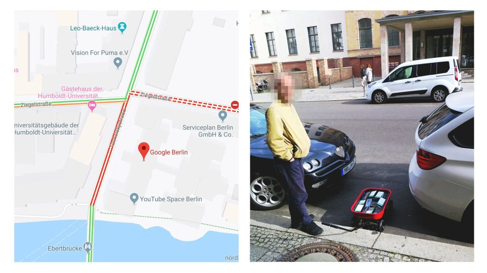 Кадры перформанса «Взлом Google Maps», Берлин, 2020. Источник: Simon Weckert / Artnet News Кадры перформанса «Взлом Google Maps», Берлин, 2020. Источник: Simon Weckert / Artnet News