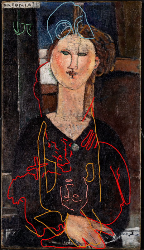 Снимок портрета, на котором отмечены другие композиции, забракованные Модильяни