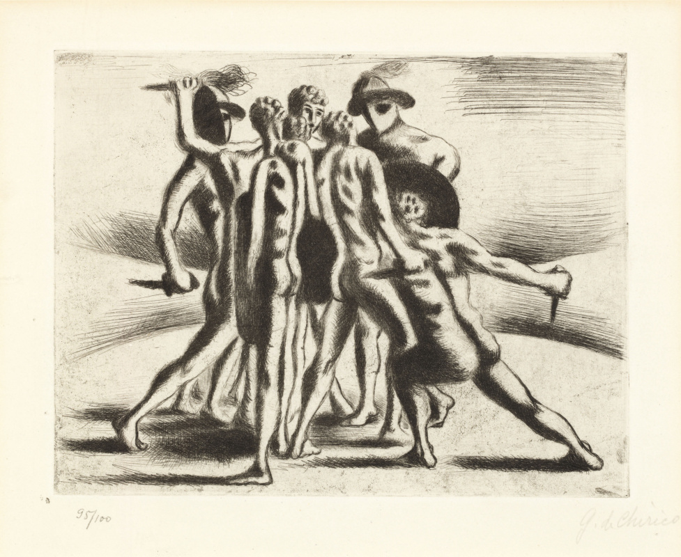 Джорджо Де Кирико. «Бой гладиаторов», 1928. Офорт. 95-й экземпляр из тиража в 100 экземлпяров. Прода Джорджо Де Кирико. «Бой гладиаторов», 1928. Офорт. 95-й экземпляр из тиража в 100 экземлпяров. Прода