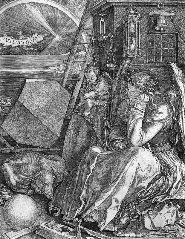 На гравюре «Меланхолия» (1514) изображена в глубокой задумчивости женская фигура, которую окружают р На гравюре «Меланхолия» (1514) изображена в глубокой задумчивости женская фигура, которую окружают р