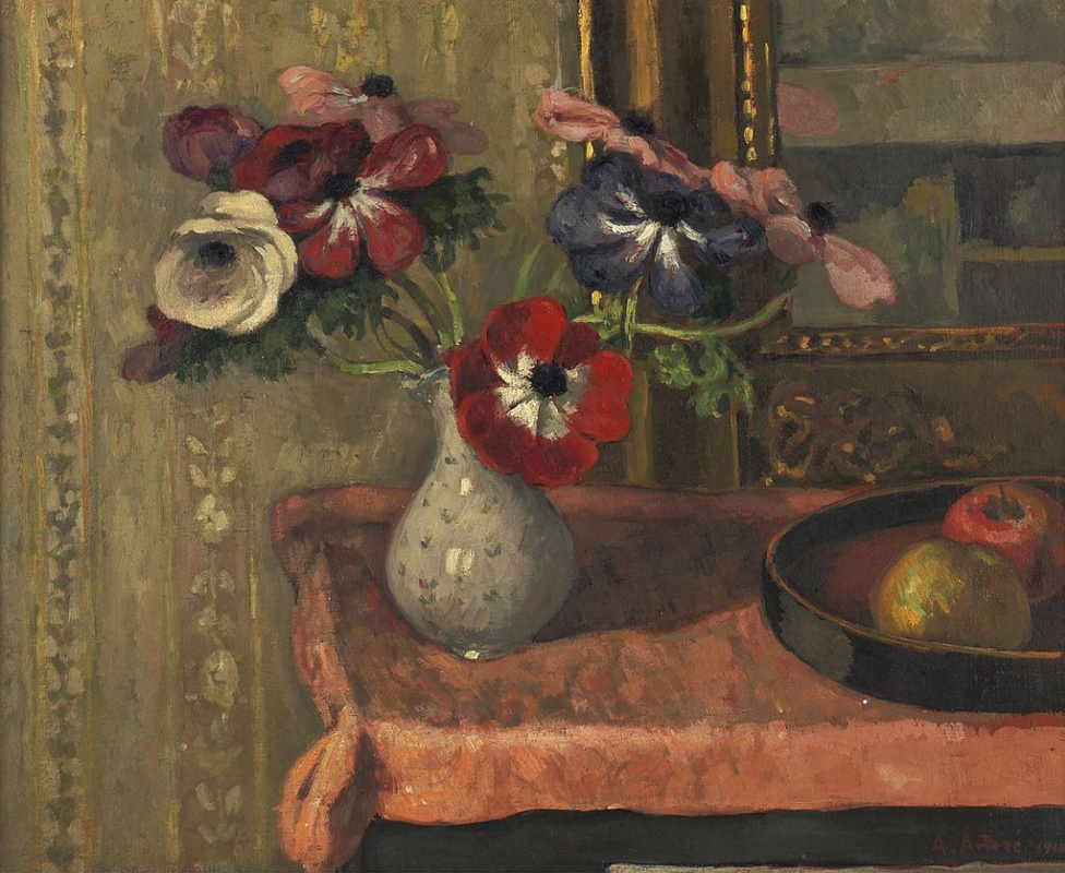 Albert Andre. Vase with flowers and fruit on the table
