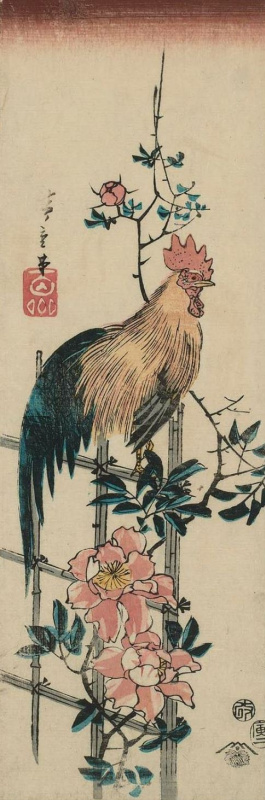 Utagawa Hiroshige. The rooster on the fence, twined with the wild rose. Series "Birds and flowers"