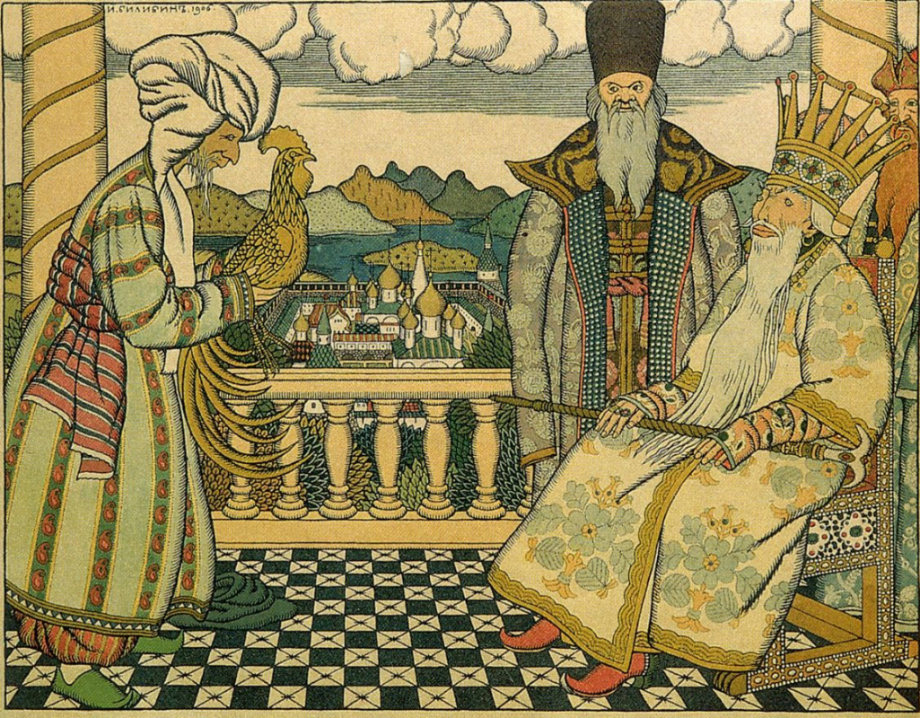 Ivan Yakovlevich Bilibin. Stargazer in front of Dadon. Illustration to "The Tale of the Golden Cockerel" by A. S. Pushkin