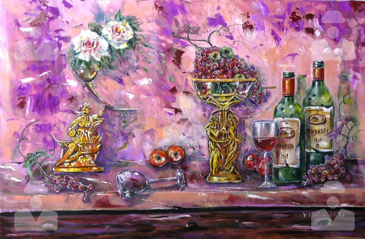 Victoria Latka. Still life with red wine and antique gold objects