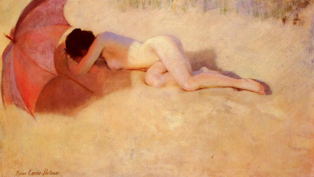 Pierre Carrier-Belleus. Naked girl under an umbrella