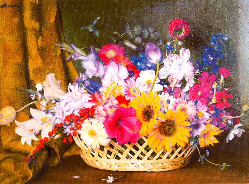 Amadeo Rock. Flowers in a basket on table