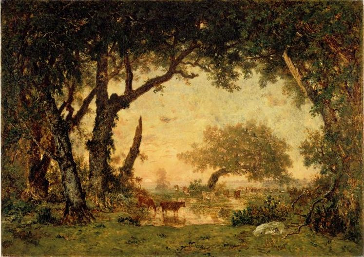 Theodore Rousseau. The exit from the forest of Fontainebleau. Sunset