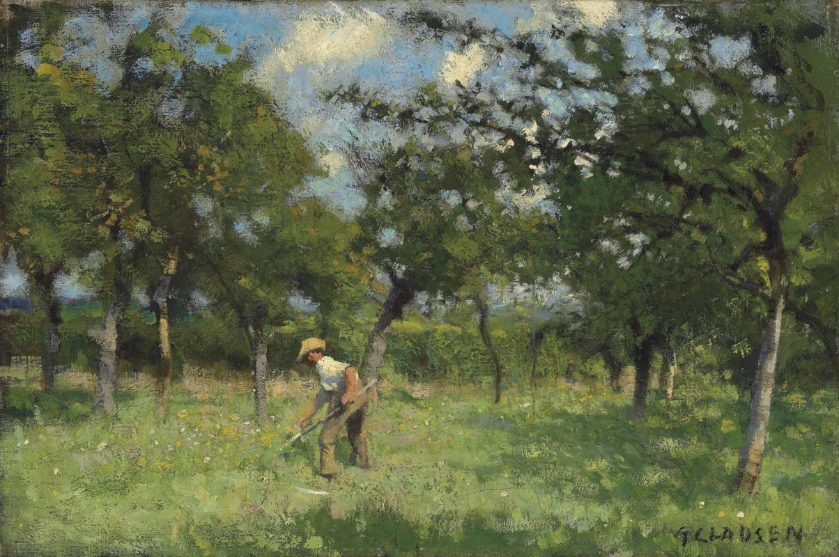 George Clausen. The mower in the orchard