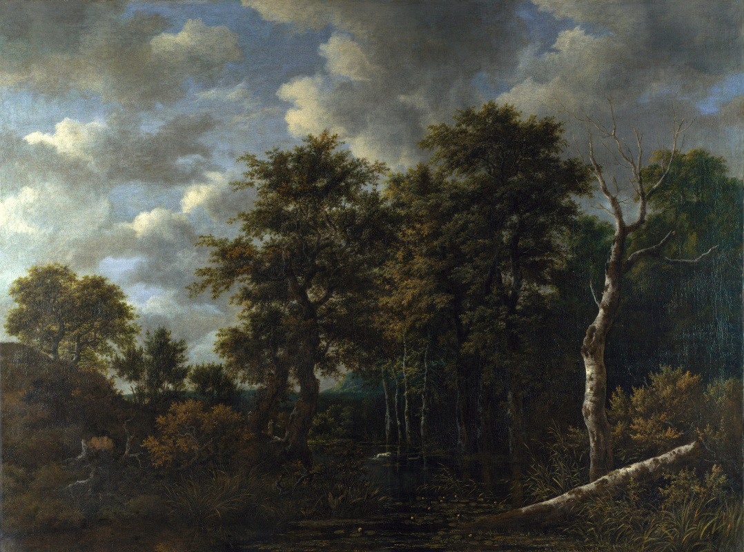 Jakob van Isaacs Ruisdael. A pond surrounded by trees and a hound catching up a hare