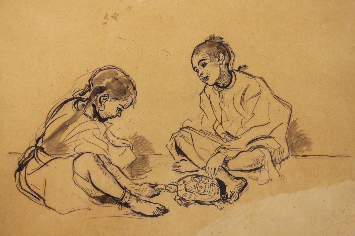 Alfred Dehodencq. Two Moroccan children sitting and playing with a turtle