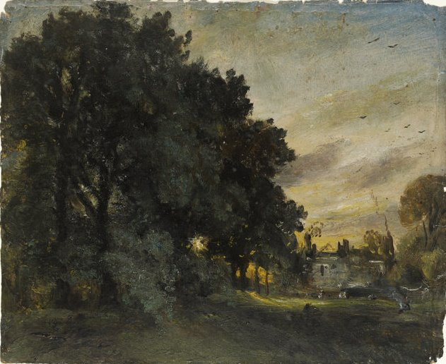 Evening landscape with cottage among trees