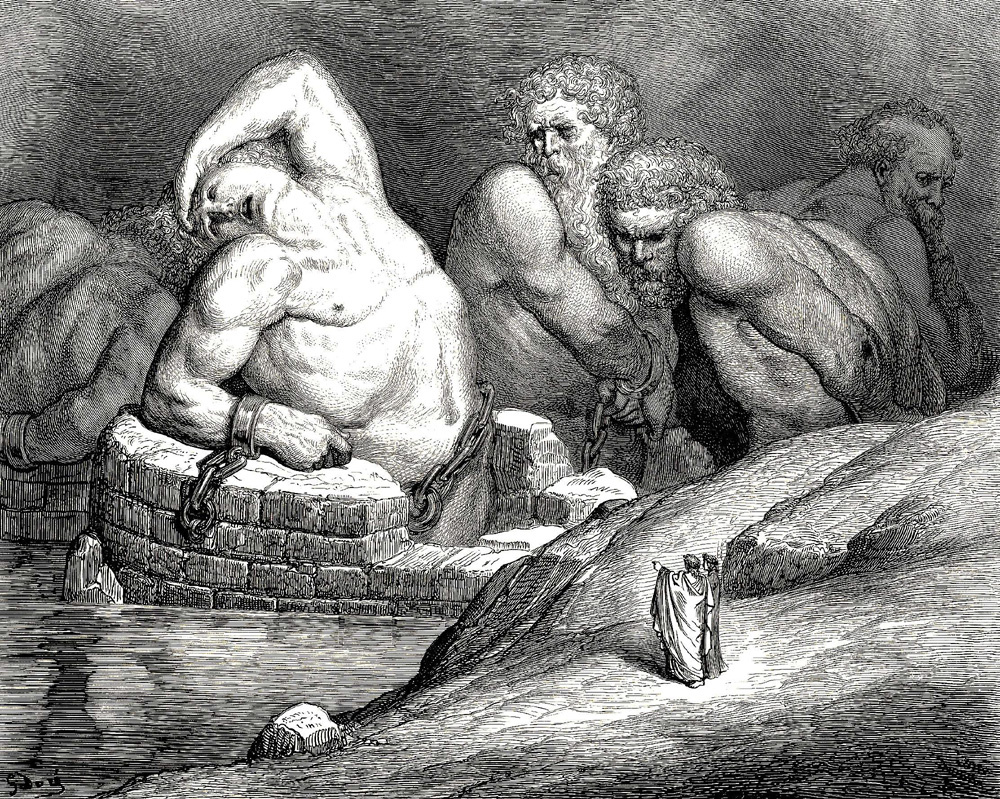 Paul Gustave Dore. Efialte and other giants chained for the war against Zeus