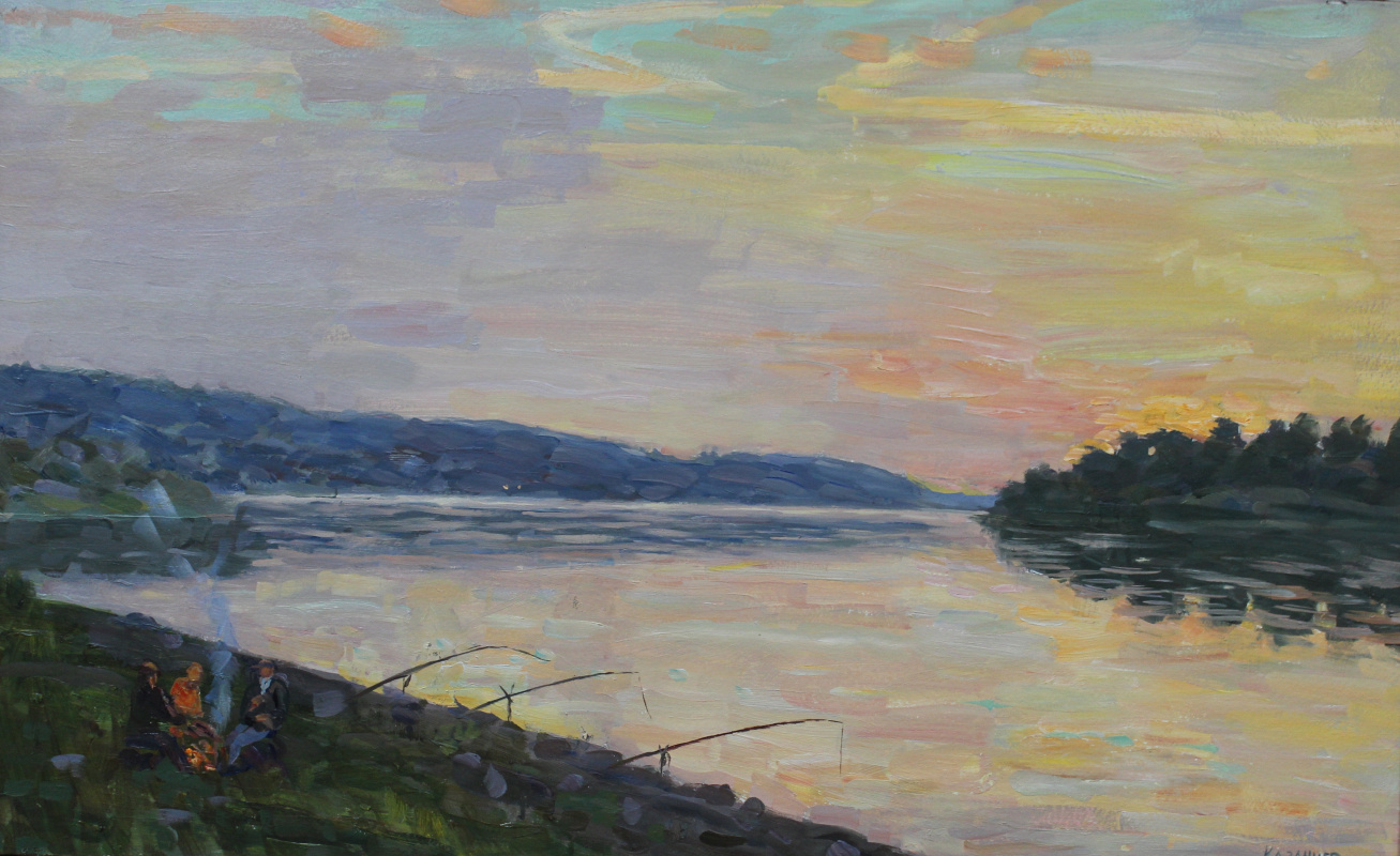 Eugene Alexandrovich Kazantsev. Sunset on the Oka. Fishermen.
