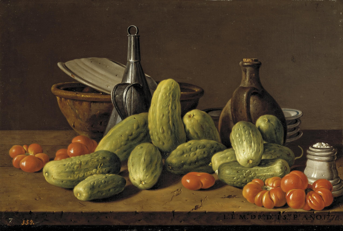 Luis Melendez. Still life with cucumbers, tomatoes and utensils