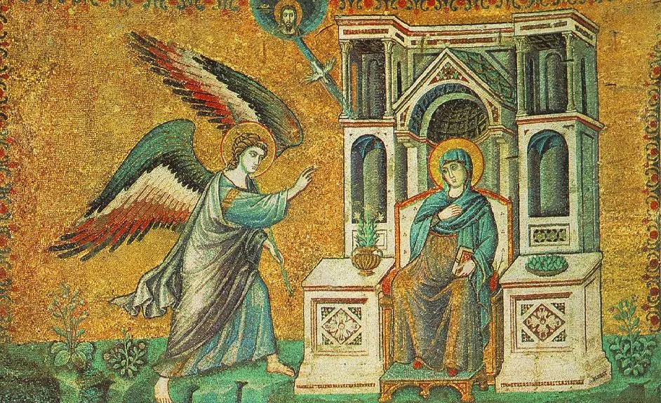 Пьетро Каваллини. Благовещение. Из цикла мозаик с шестью сценами из жизни Святой Марии в церкви Санта Мария в Траставерде в Риме Пьетро Каваллини. Благовещение. Из цикла мозаик с шестью сценами из жизни Святой Марии в церкви Санта Мария в Траставерде в Риме