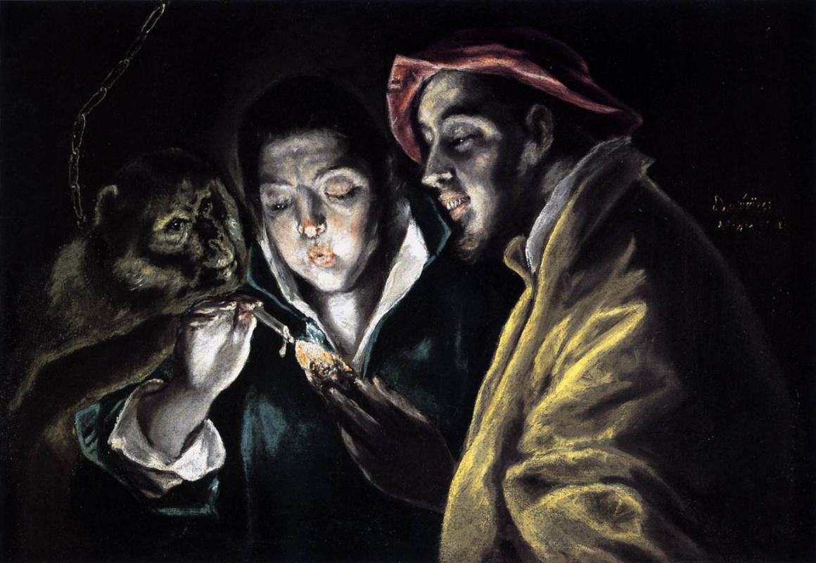 Domenico Theotokopoulos (El Greco). A boy lighting a candle in company of a monkey and a fool