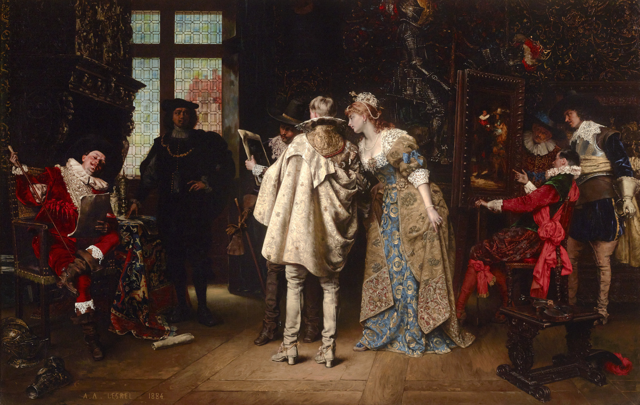 Adolphe Alexandre Lesrel. Flemish lords visiting Rembrandt's studio