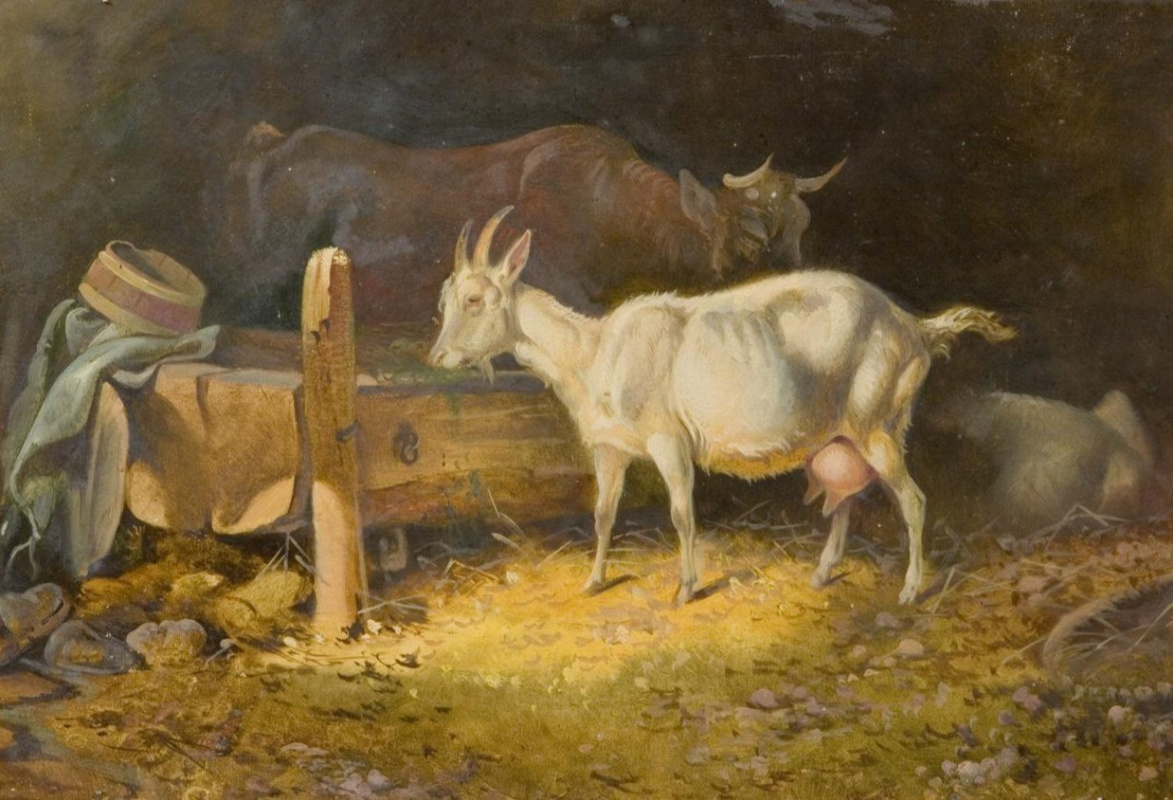 Friedrich Gauermann. Goat and cow at the trough