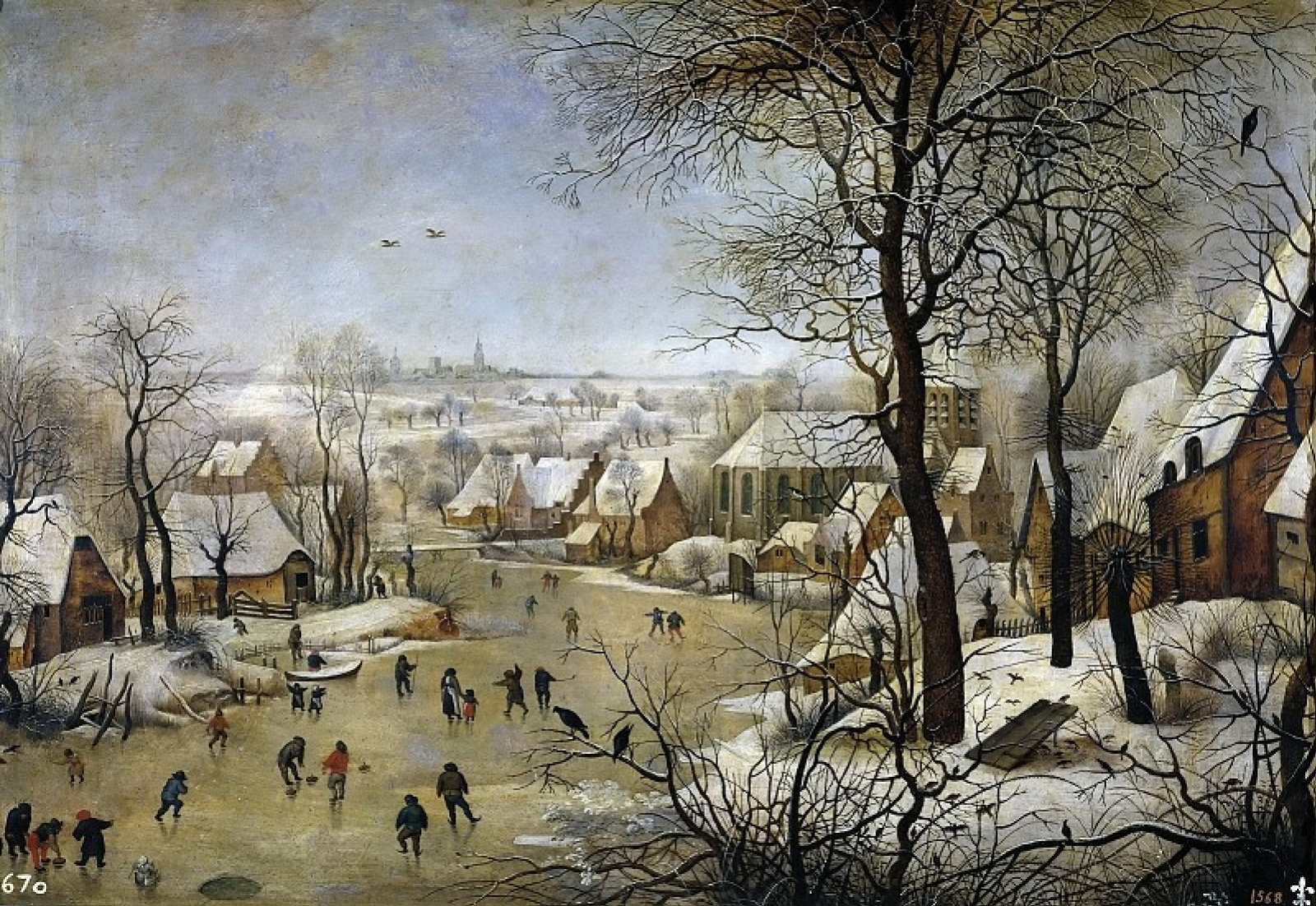 winter landscape with skaters and bird trap