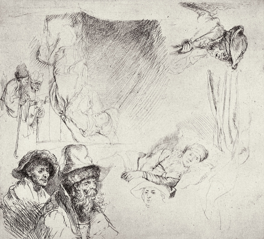 Рембрандт Харменс ван Рейн. Фигуры нищих и женщина в постели (Саския во время болезни)