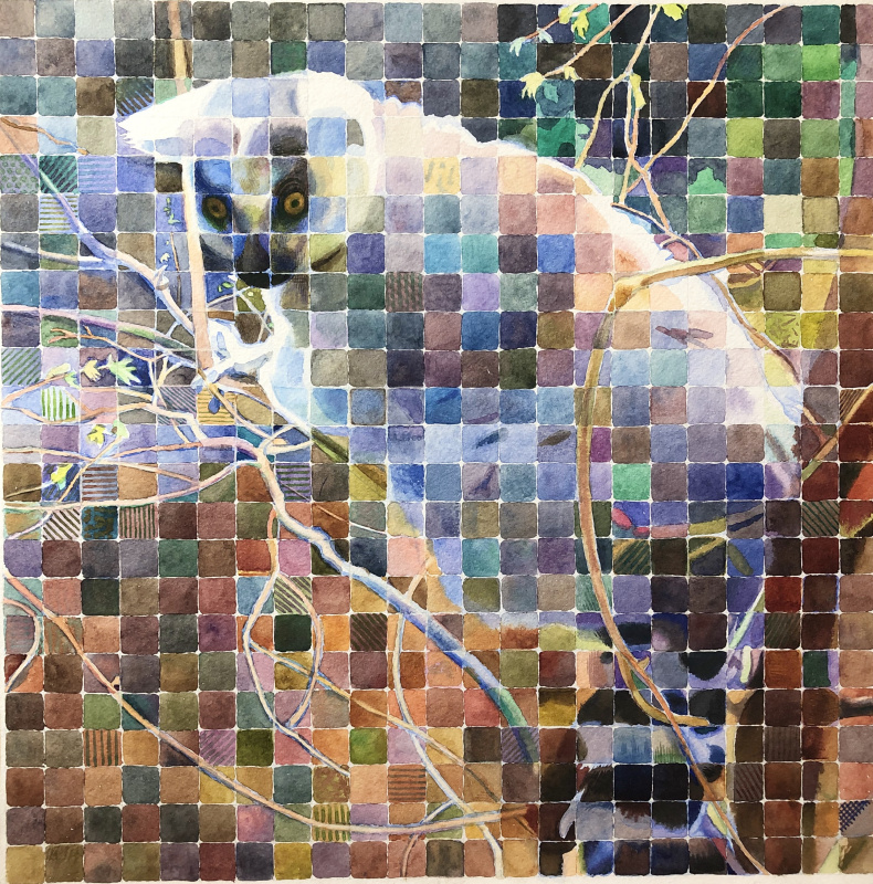 Yuri Sergeevich Yudaev. Lemur #529 Ring-tailed lemur ( Lemur catta ) 2019 watercolor in pixel technique on paper 40 x 40 cm private collection, Moscow