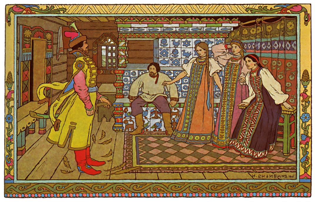 Ivan Yakovlevich Bilibin. Good fellow, Ivan Tsarevich and his three sisters. Illustration for the fairy tale "Marya Morevna"