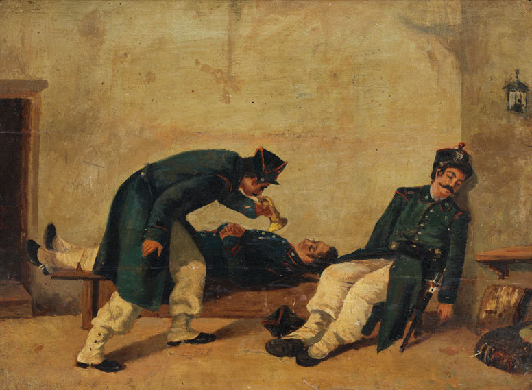 Michele Pietro Cammarano. Sleeping soldiers waken by a trumpeter