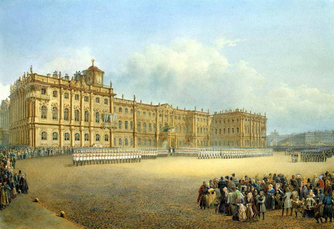 Vasily Semenovich Sadovnikov. View of the Winter Palace from the Admiralty. The changing of the guard.