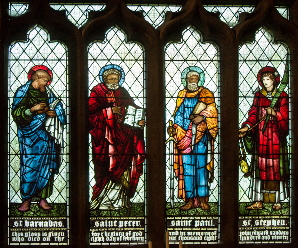 William Morris. Saints Barnabas, Peter, Paul and Stefan. Stained glass of St. Peter's Church in Doddington (co-authored with Edward Burne-Jones)