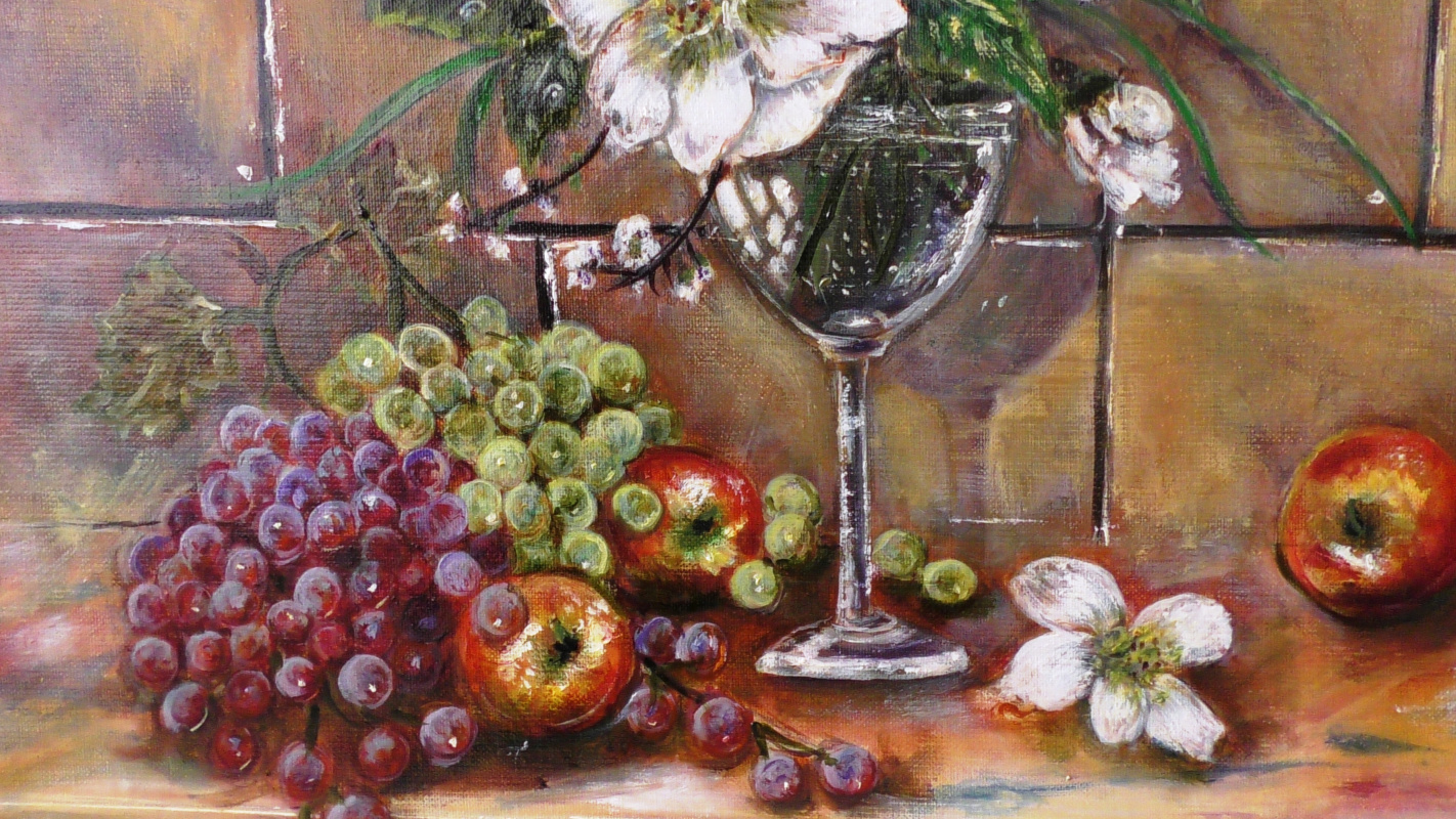 White lilies in a glass and fruit