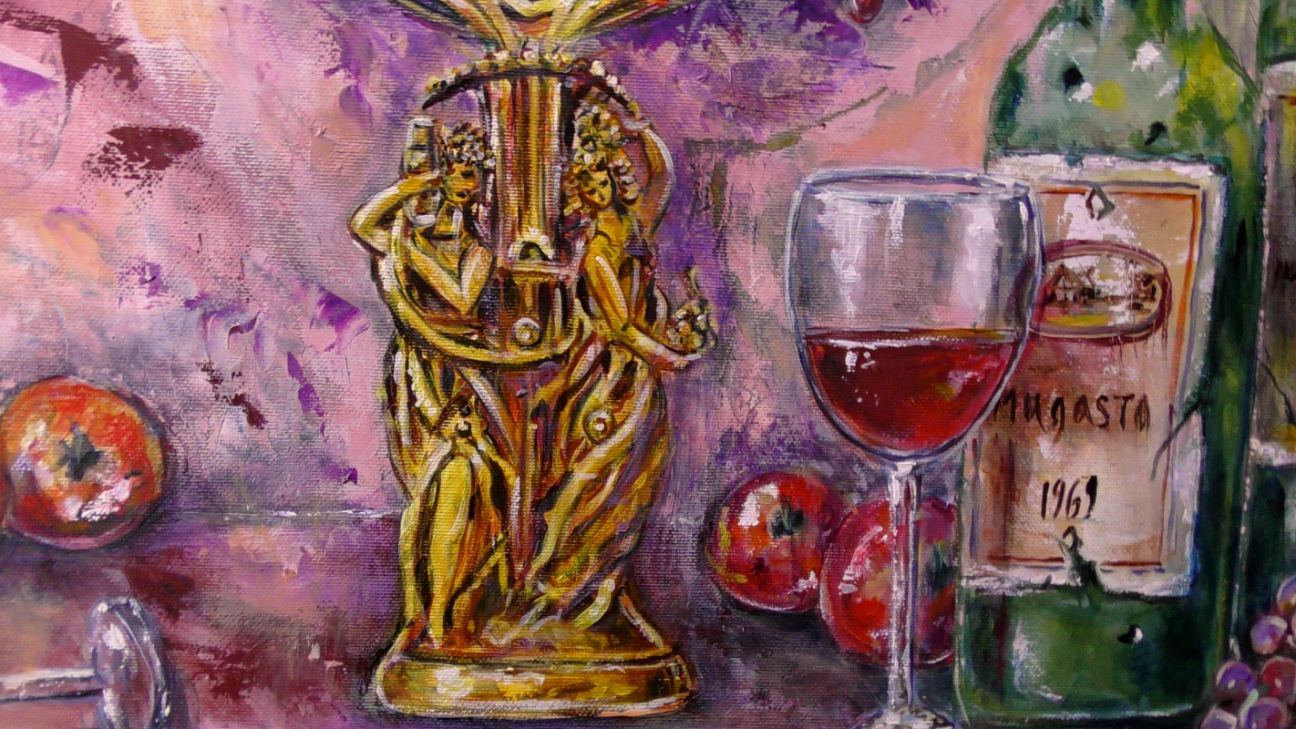 Still life with red wine and antique gold objects