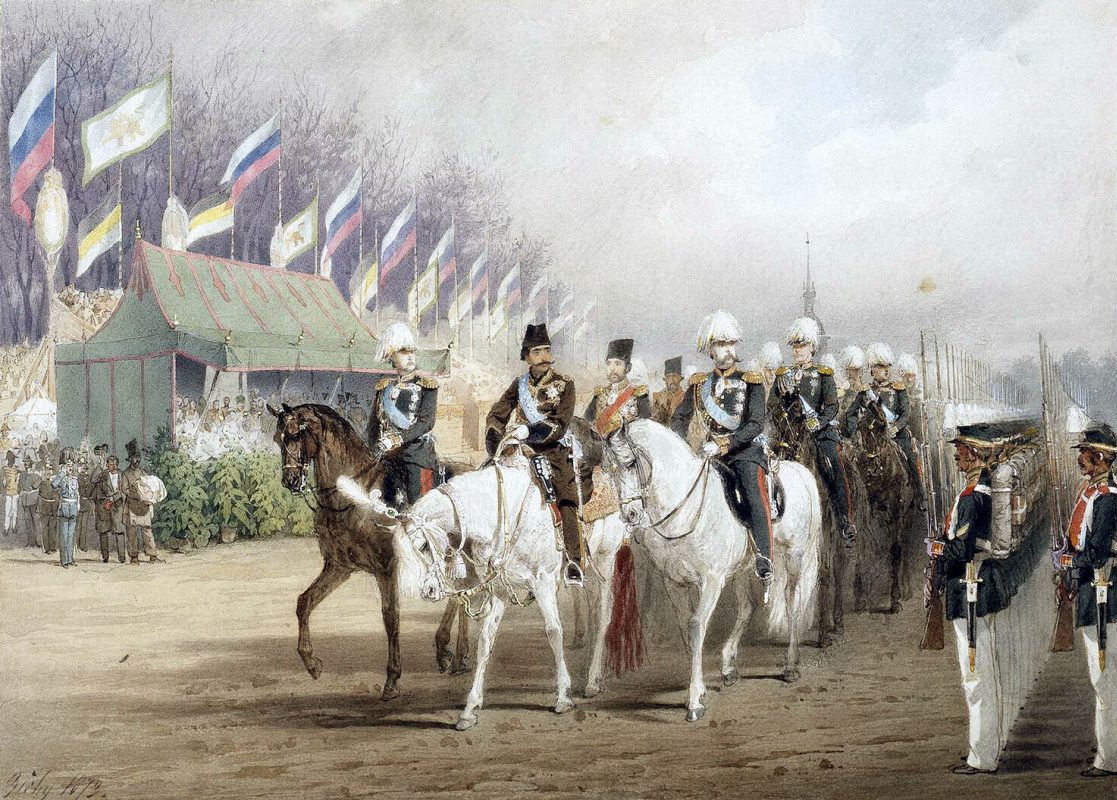 Mihai Zichy. Alexander II and Nasir al-DIN Shah during a parade in the Tsaritsyn meadow