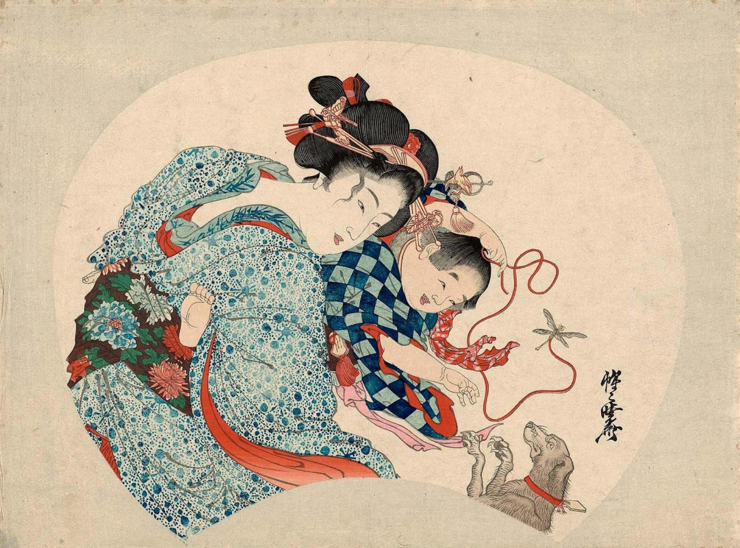 Kawanabe Kyosai. Young woman and child playing with a dog