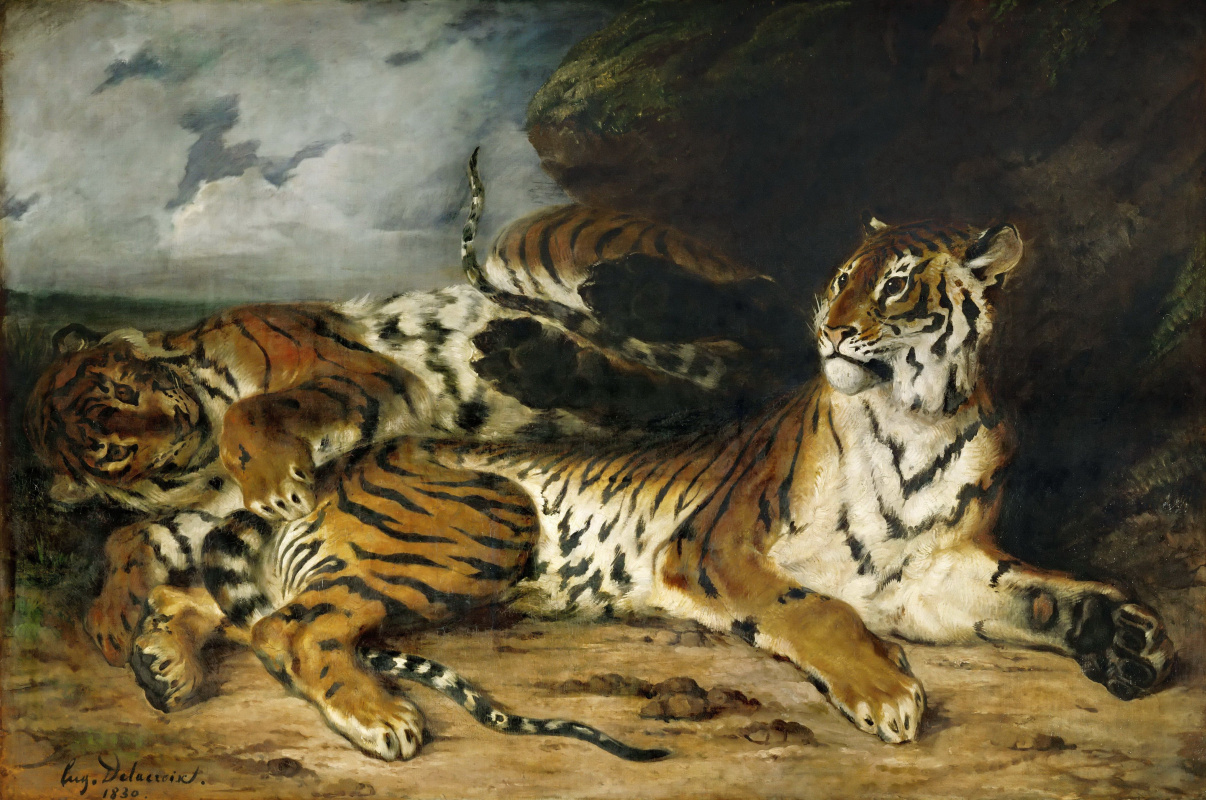 A young tiger playing with its mother, 1830, 195×131 cm by Eugene