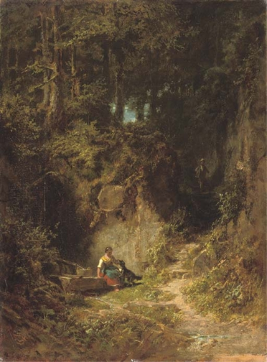 Karl Spitzweg. Girl with dog in woods