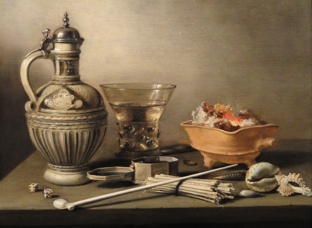 Pieter Claesz. Still-life with a clay jug, dices and smoking accessories