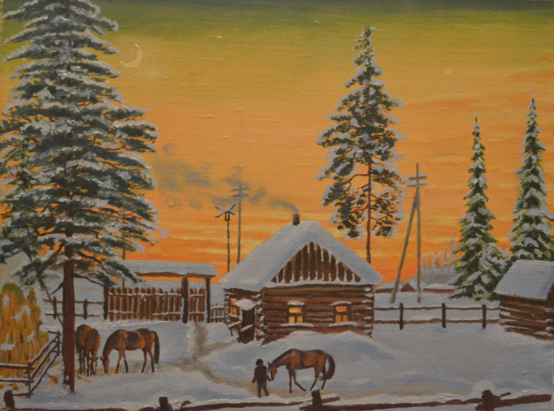 Картина зимнее утро в деревне