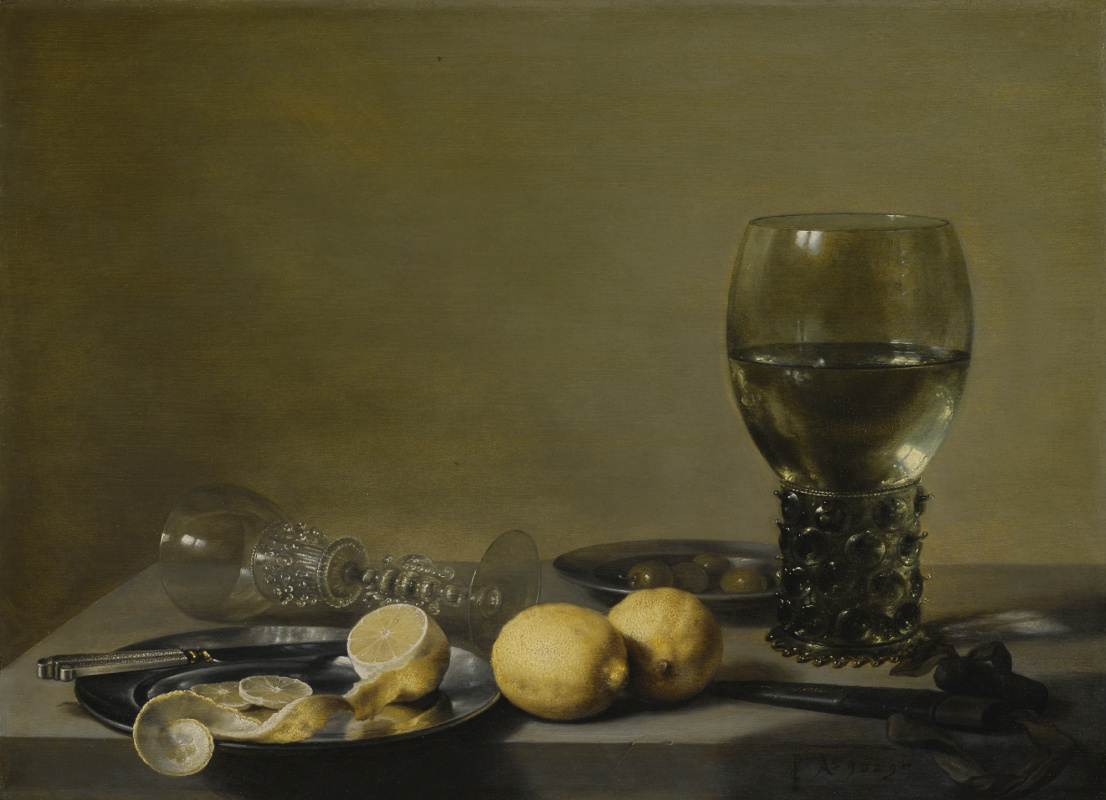 Pieter Claesz. Натюрморт с лимонами, оливками, рёмером и стеклянным бокалом