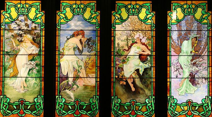 Alfonse Mucha. Stained glass inspired paintings from the series "the seasons"