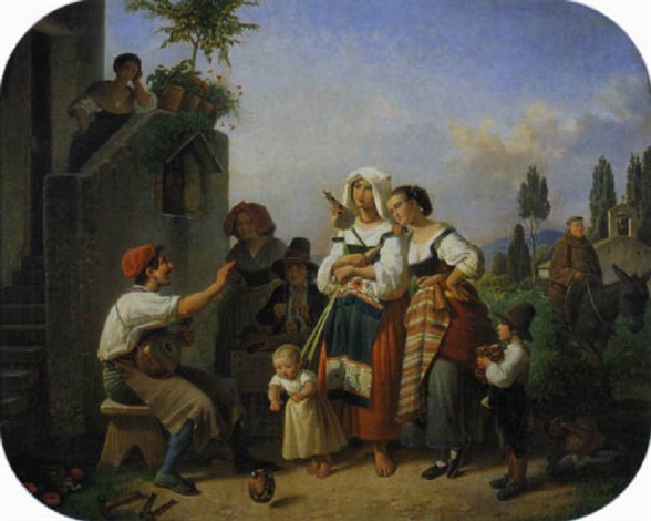 Theodor Leopold Weller. An Italian shoemaker playing music in front of his house, surrounded by local women with their children