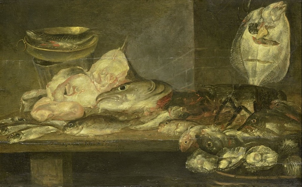 Alexander Adriansen. Still life with different kinds of fish, oysters and lobster
