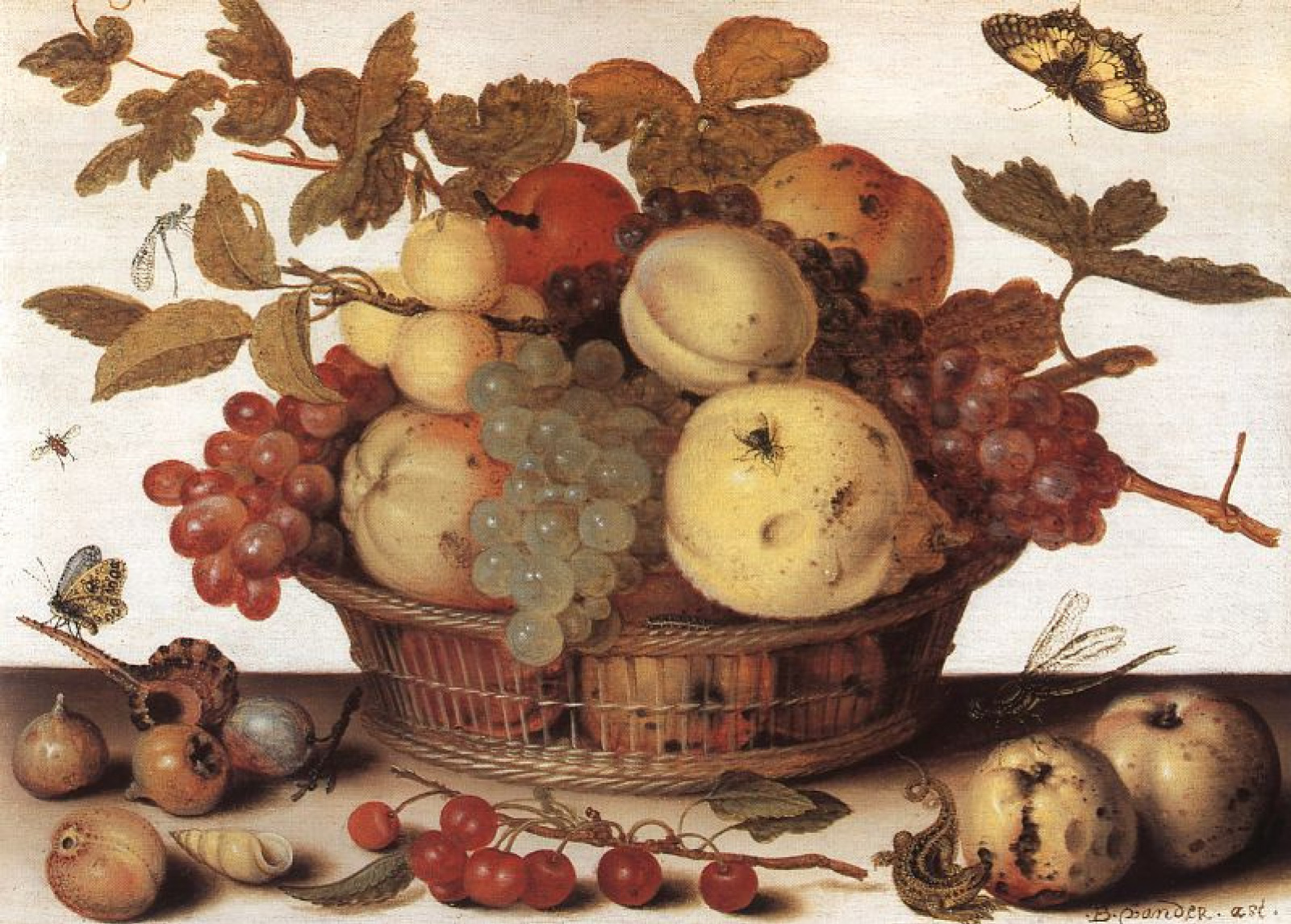 Un cesto di frutta su un tavolo coperto, c.1635