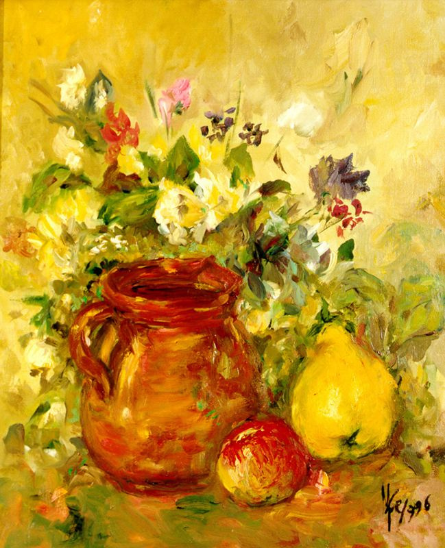 Marie Romero Campo. A bouquet of flowers, jug and fruit