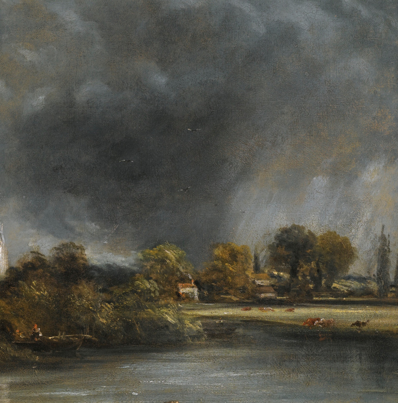 John Constable. Salisbury Cathedral, view from the meadows. Snippet: a flock on the shore