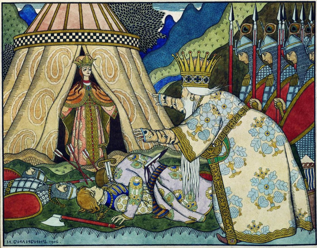 Ivan Yakovlevich Bilibin. King Dadon in front of the Queen of Shamakhi. Illustration to "The Tale of the Golden Cockerel" by A. S. Pushkin
