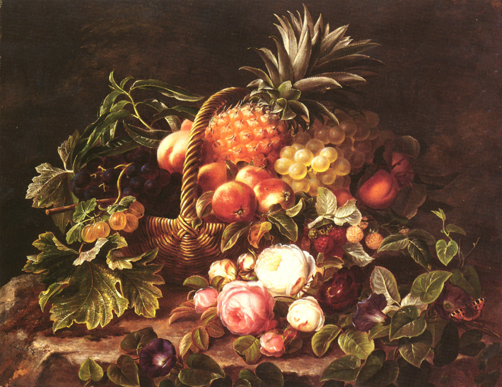 Johan Lorenz Jensen. Basket of fruit and roses