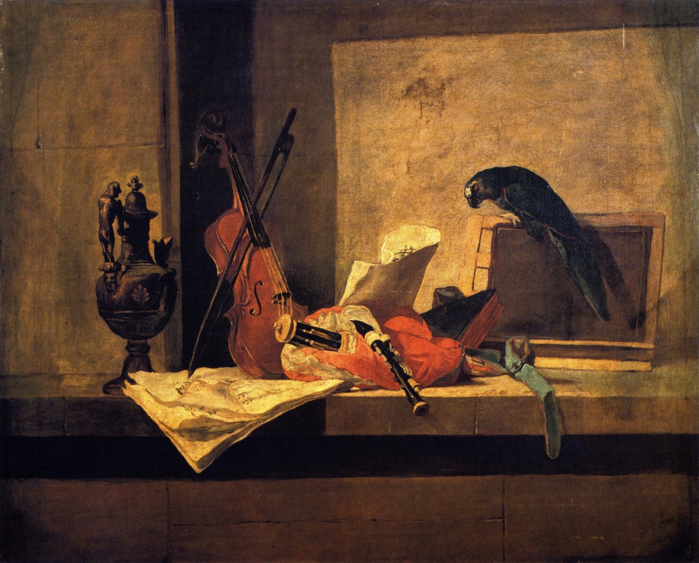 Jean Baptiste Simeon Chardin. Still life with musical instruments and a parrot